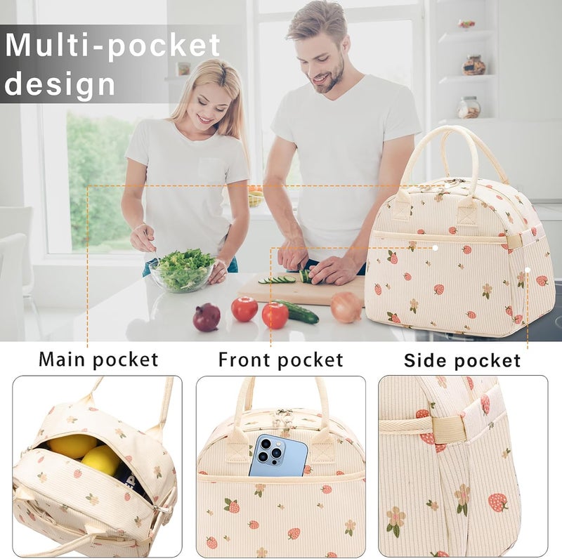 Carry bloom حقيبة غداء للنساء، حقيبة غداء معزولة، حقيبة غداء قطنية لطيفة قابلة لإعادة الاستخدام للعمل (2 فراولة) - Image 3